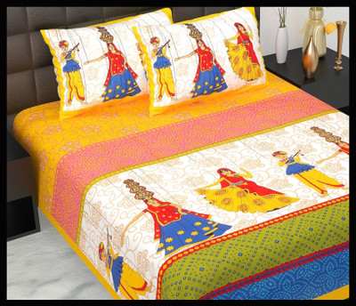 JAIPUR PRINTS Cotton Double Flat 160 TC Jaipuri Prints Bedsheet(Pack of 1, Yellow)