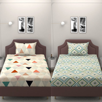 BROMWICK 250 TC Microfiber Single Abstract Flat Bedsheet(Pack of 2, Green)