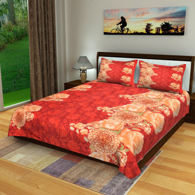SPANGLE Polycotton Double Flat 144 TC Printed Bedsheet(Pack of 1, Red)
