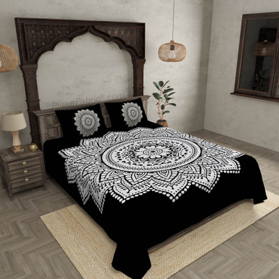 ankhoi 160 TC Cotton Double Jaipuri Prints Flat Bedsheet(Pack of 1, Black)