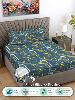 Fabinaliv 300 TC Polycotton Double Abstract Fitted (Elastic) Bedsheet(Pack of 1, Grey)