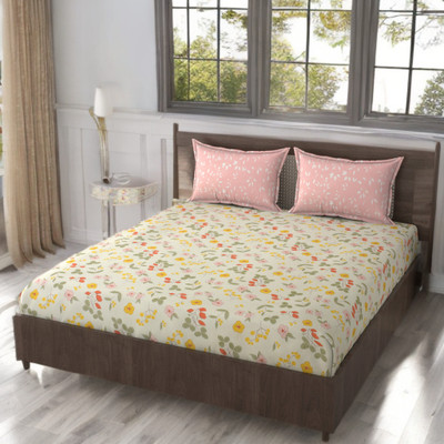 HUESPACE Cotton, Microfiber Double Flat 300 TC Floral Bedsheet(Pack of 1, Multicolor)