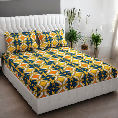 HOMYBEES 220 TC Cotton Double Abstract Fitted (Elastic) Bedsheet(Pack of 1, Yellow, Blue, Orange)
