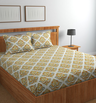 MANIQATEX 310 TC Cotton King Abstract Flat Bedsheet(Pack of 1, White, Yellow Grey)