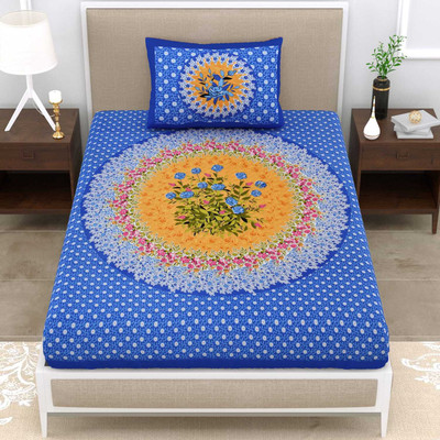hntraders Cotton Single Flat 140 TC Floral Bedsheet(Pack of 1, Blue)