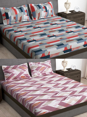 Story@home 180 TC Microfiber Double Abstract Flat Bedsheet(Pack of 1, Red, Pink)
