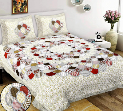 Leo Creation Cotton Double Flat 144 TC Jaipuri Prints Bedsheet(Pack of 1, Red, Orange, Green, Olive Green, Beige)