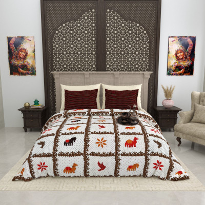 RJ Cotton King Flat 210 TC Printed Bedsheet(Pack of 1, Bedsheet-White-Red)