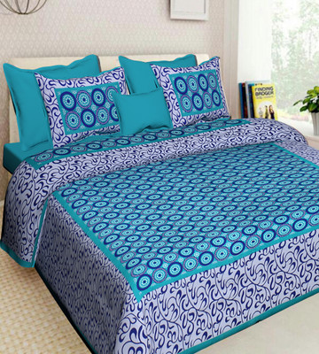 Dayal Traders 144 TC Cotton Queen Jaipuri Prints Flat Bedsheet(Pack of 1, Blue)