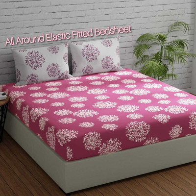 Decent Home Cotton Queen Fitted (Elastic) 240 TC Floral Bedsheet(Pack of 1, Pink, White)