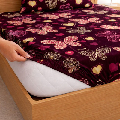 KARIDH Cotton Double Fitted (Elastic) 320 TC Printed 1 Bedsheet(MAROON BUTTERFLY)