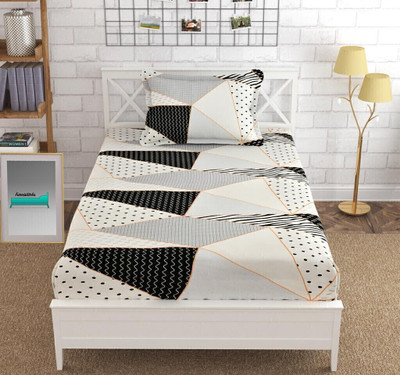 Hetvik home decor 210 TC Cotton Single Geometric Fitted (Elastic) Bedsheet(Pack of 1, Black White)