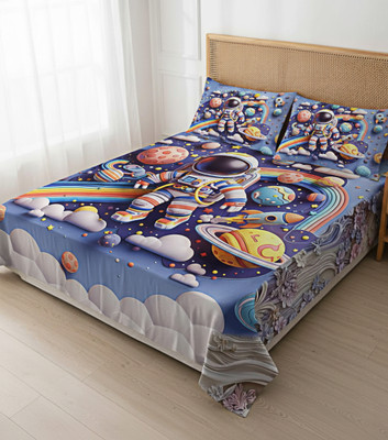 Woolpik Cotton Queen Flat 300 TC 3D Printed Bedsheet(Pack of 1, 7D Space Astronaut Digital Print King Size Double Bedsheet)