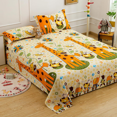 TINDLER KNOTS Cotton Queen Flat 300 TC Printed Bedsheet(Pack of 1, YELLOW GIRAFFE-08)