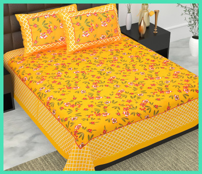 JAIPUR PRINTS Cotton Double Flat 144 TC Jaipuri Prints Bedsheet(Pack of 1, Yellow)