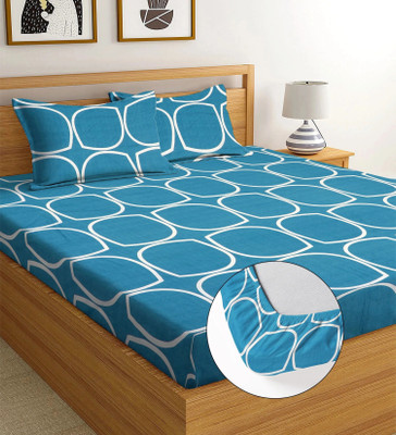 Moonroof Cotton Double Fitted (Elastic) 244 TC Printed Bedsheet(Pack of 1, Blue, White_Circle)
