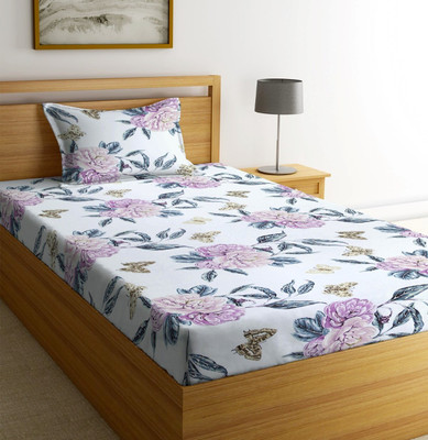 New leaf 220 TC Cotton Single Printed Flat Bedsheet(Pack of 1, White multi)