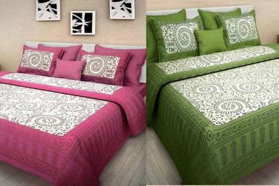 PALANG SHOBHA Cotton Double Flat 240 TC Jaipuri Prints Bedsheet(Pack of 2, Light Green, Pink)