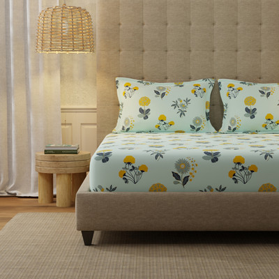 Urban Space Cotton King Fitted (Elastic) 200 TC Floral Bedsheet(Pack of 1, Radiance Sky Blue)