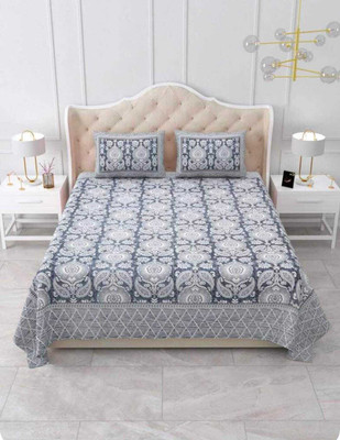 Castile Cotton King Flat 360 TC Floral Bedsheet(Pack of 1, Gray)