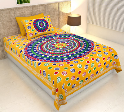 Monik Handicrafts 140 TC Cotton Single Jaipuri Prints Flat Bedsheet(Pack of 1, Yellow)