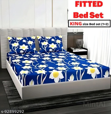 PATNOS 300 TC Microfiber King Checkered Fitted (Elastic) Bedsheet(Pack of 1, Blue)