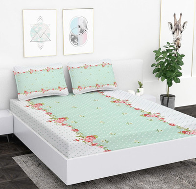 BEVI Microfiber Double Flat 300 TC Floral Bedsheet(Pack of 1, Green, Pink)