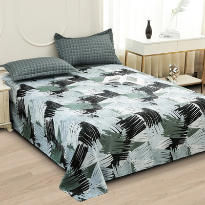 Story@home 240 TC Microfiber Double Printed Flat Bedsheet(Pack of 1, Army Green, White)