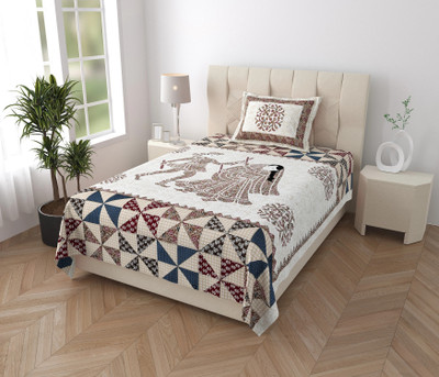 Rajasthani Traditional Cotton Single Flat 300 TC Striped Bedsheet(Pack of 1, Grey)