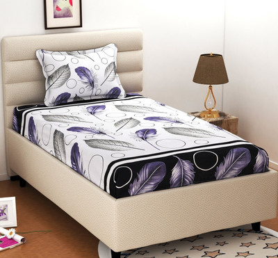 BEVI Microfiber Single Flat 280 TC Floral Bedsheet(Pack of 1, White And Blue)