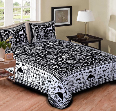 KANDY SHOP Cotton King Flat 250 TC Floral Bedsheet(Pack of 1, White multi black)