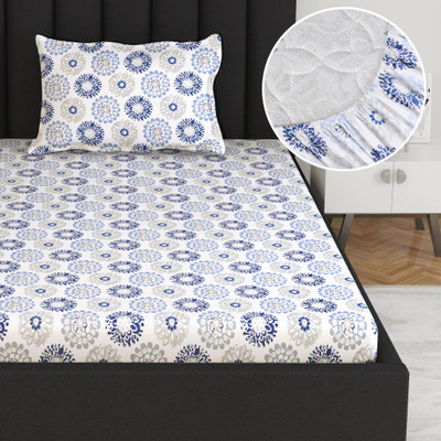 Divine Casa Cotton Single Fitted (Elastic) 144 TC Floral Bedsheet(Pack of 1, Steel Grey and Blue)