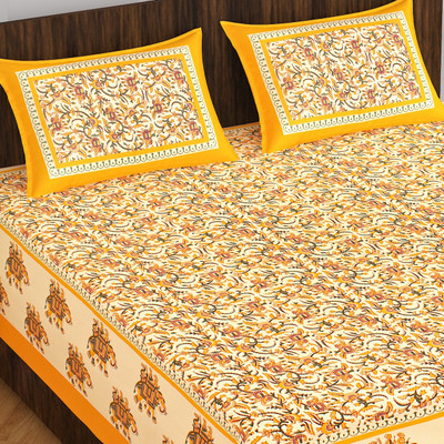 Indian Royal Fashion Cotton Double Flat 144 TC Printed Bedsheet(Pack of 1, Yellow)