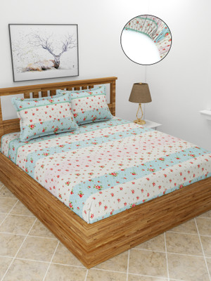 MORADO 210 TC Polycotton Double Floral Fitted (Elastic) Bedsheet(Pack of 1, Offwhite)