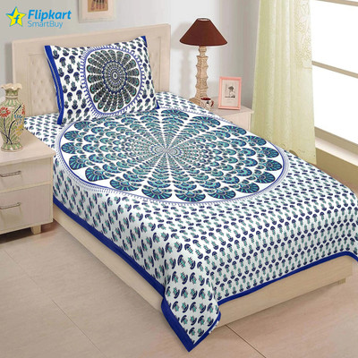 Flipkart SmartBuy 180 TC Cotton Single Jaipuri Prints Flat Bedsheet(Pack of 1, Blue, White)
