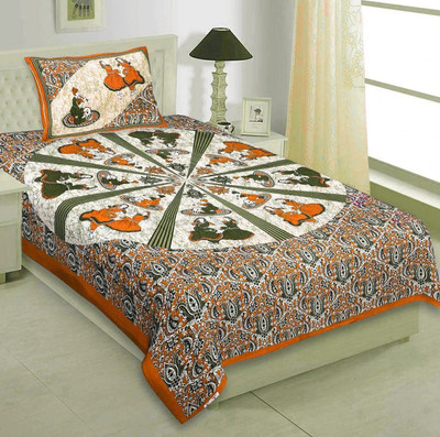 BharatLinen Cotton Single Flat 144 TC Jaipuri Prints Bedsheet(Pack of 1, Mustard)