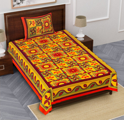 Rajasthani Traditional Cotton Single Flat 300 TC Striped Bedsheet(Pack of 1, Orange)