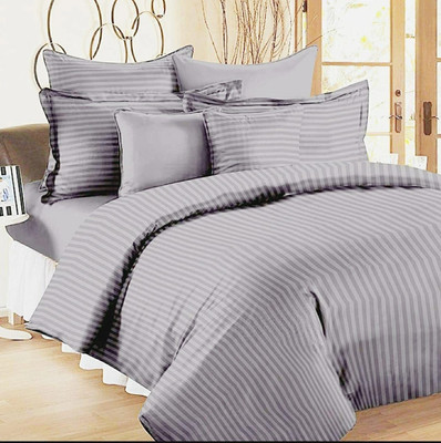 LX LOYREX Cotton King Flat 450 TC Striped Bedsheet(Pack of 1, Gray)
