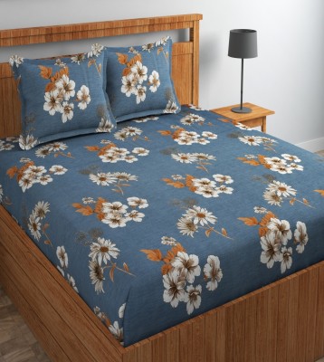 LinenHeads 220 TC Cotton Single Floral Flat Bedsheet(Pack of 1, Dark Blue)