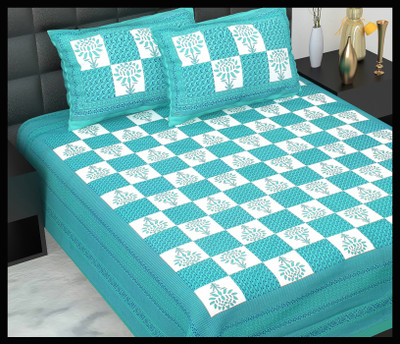 JAIPUR PRINTS Cotton Double Flat 160 TC Jaipuri Prints Bedsheet(Pack of 1, Sky)