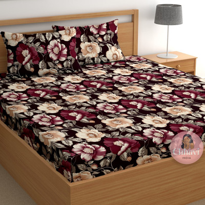 CHHAVI INDIA 210 TC Microfiber Double Printed Flat Bedsheet(Pack of 1, Maroon & yellow)