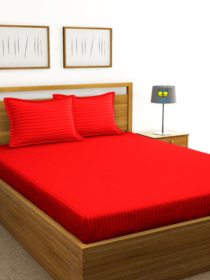 Houseofowlet Cotton Double Flat 210 TC Striped Bedsheet(Pack of 1, Red)