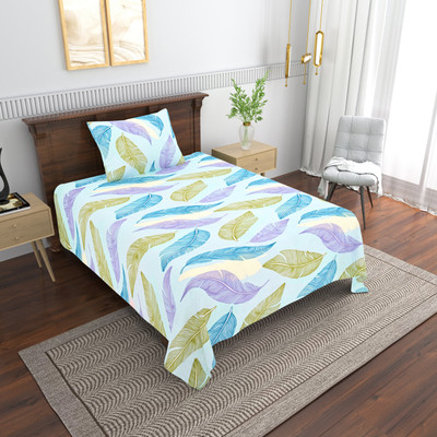 HappyKraft Microfiber Single Flat 144 TC Floral Bedsheet(Pack of 1, Light Green, Light Blue)