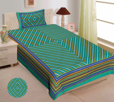 E ELMA Cotton Single Flat 140 TC Printed Bedsheet(Pack of 1, Green)