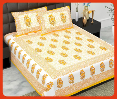 BedZone Cotton Double Flat 240 TC Jaipuri Prints Bedsheet(Pack of 1, Yellow)