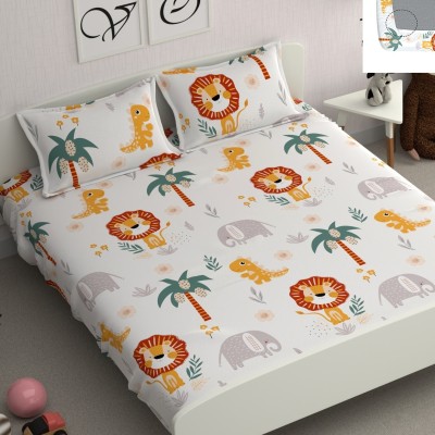 CHHAVI INDIA 210 TC Microfiber Double Printed Fitted (Elastic) Bedsheet(Pack of 1, Yellow Multi Lion)