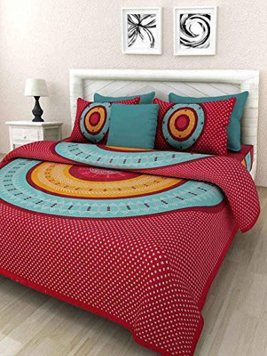 PALANG SHOBHA Cotton King Flat 144 TC Jaipuri Prints Bedsheet(Pack of 1, red and green)