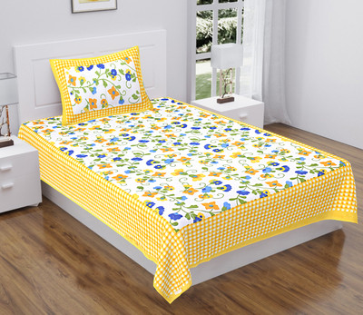 WAR TRADE 104 TC Cotton Single Jaipuri Prints Flat Bedsheet(Pack of 1, Yellow)