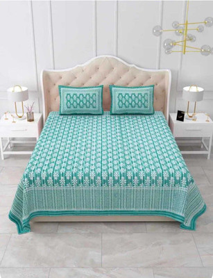 pari creations Cotton King Flat 144 TC Jaipuri Prints Bedsheet(Pack of 1, Green)