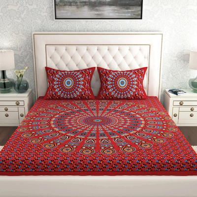 Leo Creation Cotton Double Flat 144 TC Jaipuri Prints Bedsheet(Pack of 1, Red, Yellow, Blue, Brown, Black)